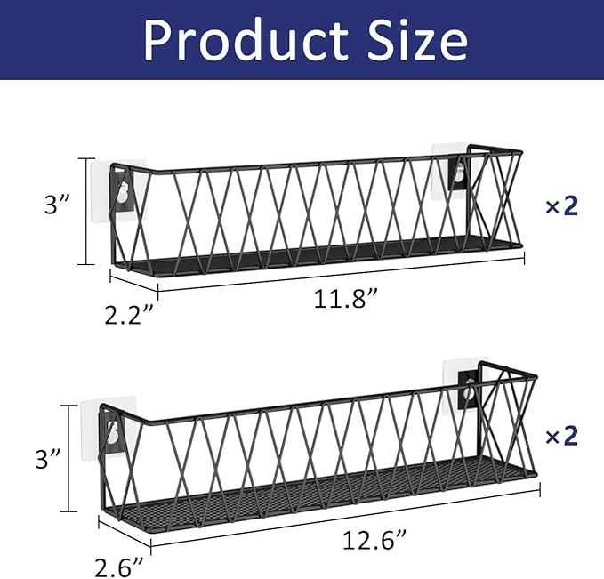 Hanging Spice Rack Wall Mount 4 Pack, Seasoning Rack Organizer Adhesive Spice Shelf Easy to Install, Kitchen Organization Cabinet Stand Space Saver, Metal, Black