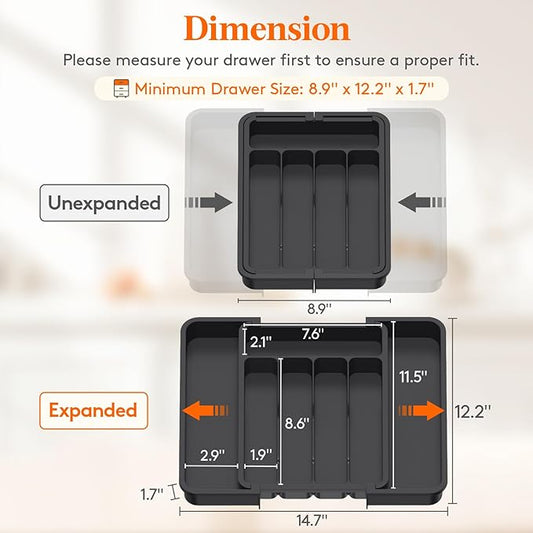 Lifewit Small Silverware Drawer Organizer, Expandable BPA Free Utensil Tray for Kitchen, Adjustable Flatware and Cutlery Holder for Spoons Forks Knives, Plastic Kitchen Organizers and Storage, Black