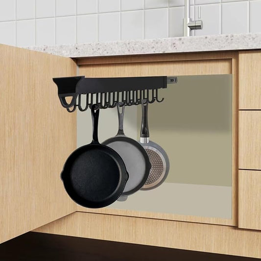 10in Hanging Pot Rack with Hooks for Cabinet Pull Out Pot and Pan organizer Adjustable Pot Racks with Sliding Rail Storage Utility Rack Used for Kitchen/Closet/Cupboard,Load 75LBS