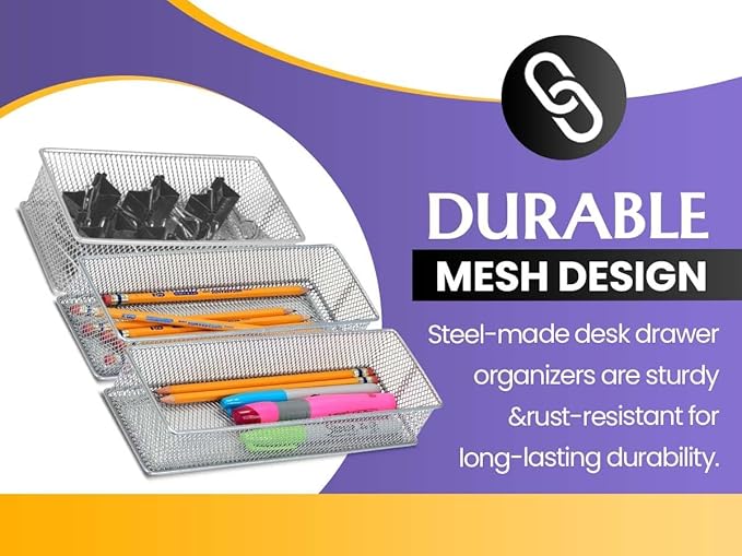 Ybm Home Silver Mesh Drawer Cabinet and or Shelf Organizer Bin, School Supply Holder Office Desktop Organizer Basket 1594 (3x6)