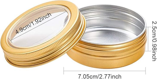 BENECREAT 14 Pack 2 OZ Tin Cans Screw Top Round Aluminum Cans Screw Lid Containers with Clear Window - Great for Store Spices, Candies, Tea or Gift Giving (Gold)