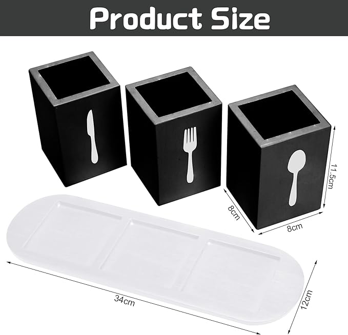 Kathfly 4 Pcs Silverware Caddy Utensil Holder for Countertop Silverware Organizer with Wood Tray Spoon Fork Holder 3. 15 x 3. 15 x 4. 53 Inches of Each Organizer for Kitchen Parties(Black)