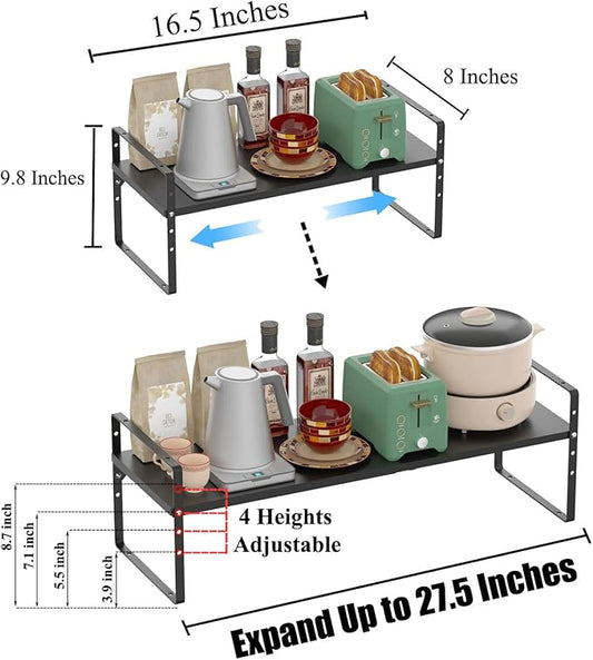 Expandable Kitchen Cabinet Shelf Organizers, Stackable Metal Pantry Storage Shelves Rack, Adjustable Counter Spice Shelf for Cabinets, Countertop, Cupboard Organizers and Storage, Black