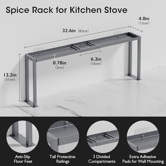 Bumusty Spice Rack Shelf for Kitchen Stove, 32" Stove Top Shelf, Stove Shelf for Back of Stove, Over the Stove Shelf, Kitchen Organizers, Oven Shelf for Top of Stove, Grey