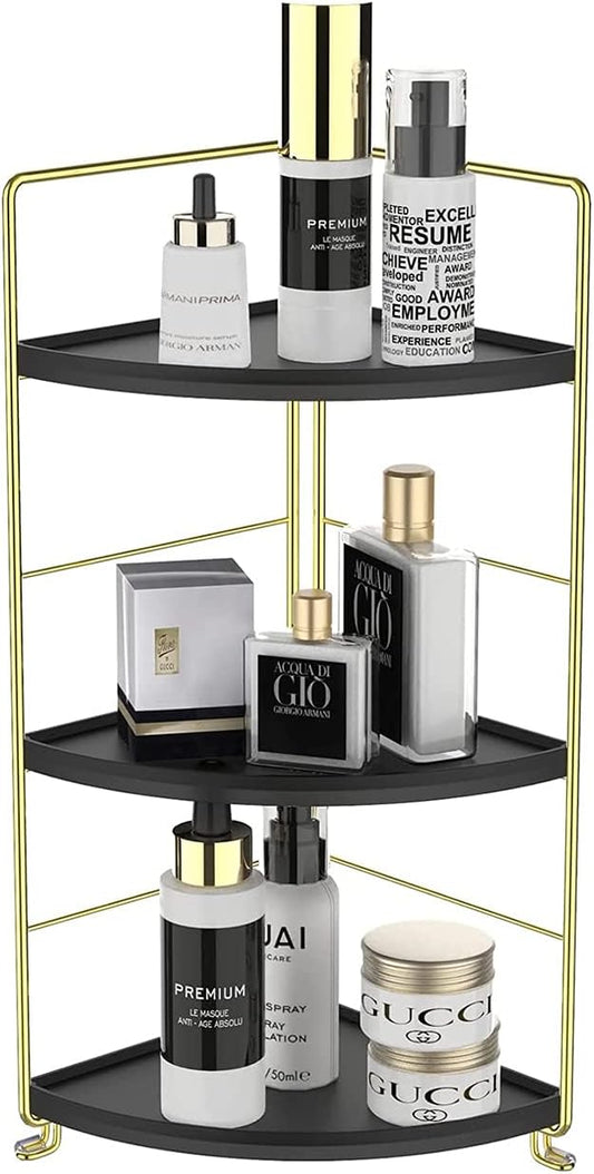 3-Tier Bathroom Countertop Organizer, Vanity Tray Cosmetic & Makeup Storage, Kitchen Spice Rack Standing Shelf, Corner Storage Shelf, Black & Golden