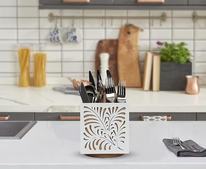 360° Rotating Kitchen Utensil Holder for Countertop, Wooden Utensil Organizer Cutlery Holder, Utensil Caddy Utensil Crock, Silverware Flatware Organizer for Spoons, Knives, Forks, 5.5" x 6.3"