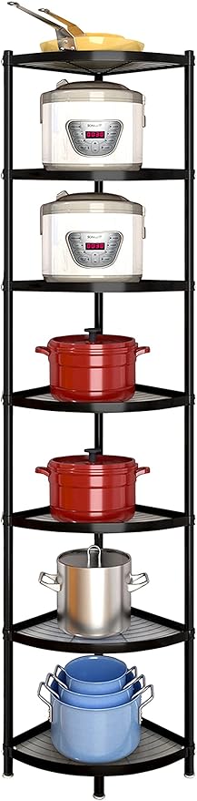 7-Tier Kitchen Corner Shelf Adjustable Pot Rack, Cookware Free Standing Storage Organizer ，Pot and Pans Tower Metal Shelves for Kitchen