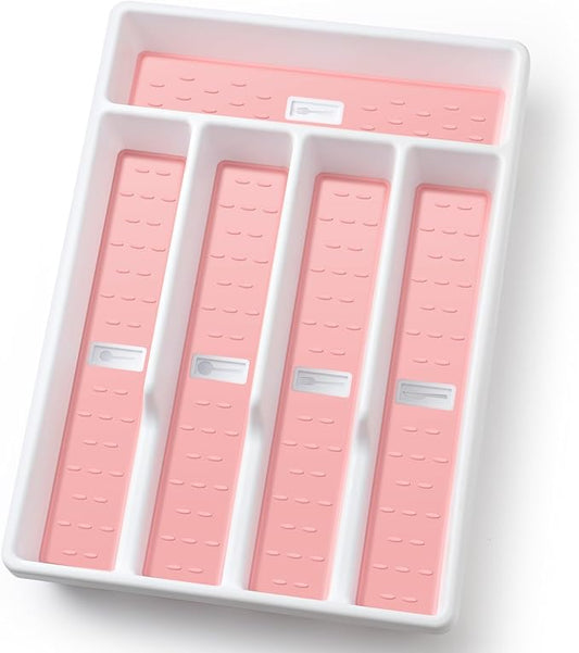 Silverware Organizer with Cutlery Icons，Silverware Tray for Kitchen Drawer，Flatware Tableware Cultery Drawer Organizer Utensil Organizer with Non-slip TPR Linings，Pink Kitchen Organization Essentials