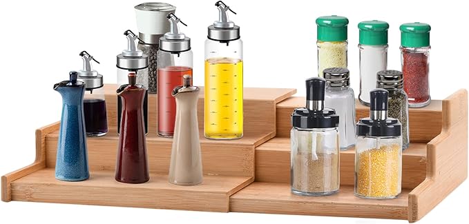 3-Tier Bamboo Expandable Spice Rack, Step Shelf Cabinet Organizer Step Shelf Kitchen Pantry Cabinet Expandable Display Shelf,Spice Holder Cabinet Seasoning Tower for Kitchen(#1)