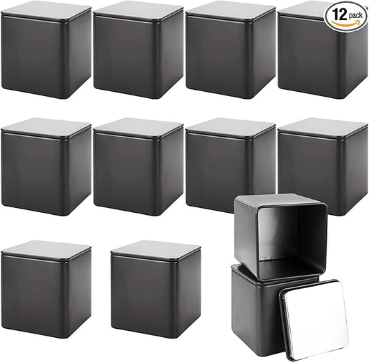 12 Pack Square Black Metal Tins, Small Tea Tin Canisters, 3 Oz Loose Leaf Tea Storage Containers with Airtight Lids, Square Tea Containers for Loose Teas, Herbs, Coffee, Cube Sugar