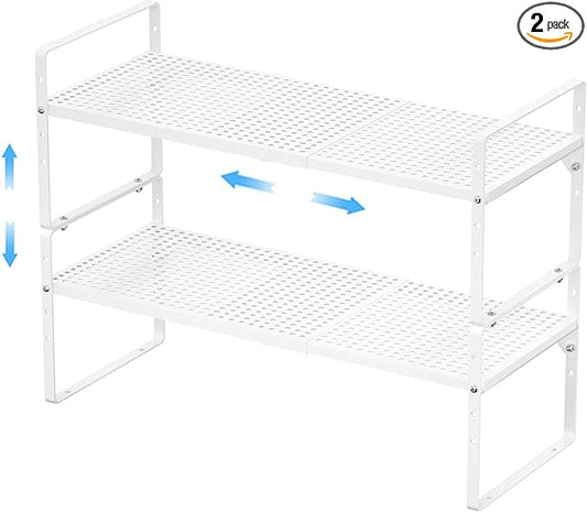 Expandable Kitchen Cabinet Shelf Organizers 2 Pack, Stackable Metal Pantry Storage Shelves Rack, Adjustable Counter Shelf for Cabinets, Countertop, Cupboard Organizers and Storage, White