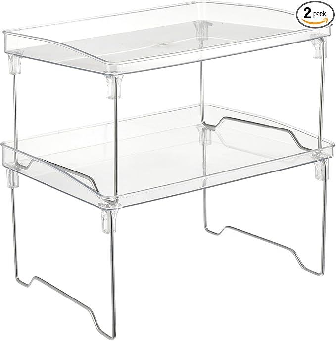 Rainmae 2 Pcs Spice Rack Organizer, Cabinet Organizer Shelf，Stackable Kitchen Counter Shelves, Countertop Organizers, Clear Plastic Storage Shelves Rack for Makeup Bathroom Desk Pantry Organization
