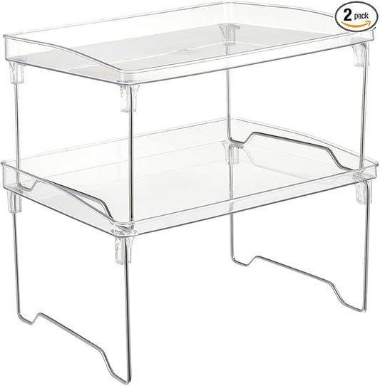 Rainmae 2 Pcs Spice Rack Organizer, Cabinet Organizer Shelf，Stackable Kitchen Counter Shelves, Countertop Organizers, Clear Plastic Storage Shelves Rack for Makeup Bathroom Desk Pantry Organization
