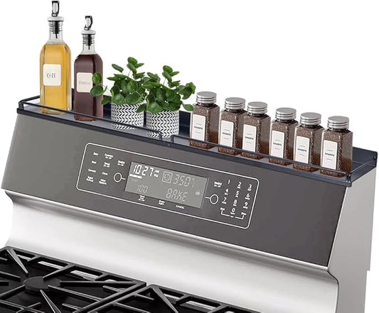 30''Stove Top Shelf for Kitchen Stove, Stainless Steel Magnetic Spice Over the Stove Rack Flat Organizer Black