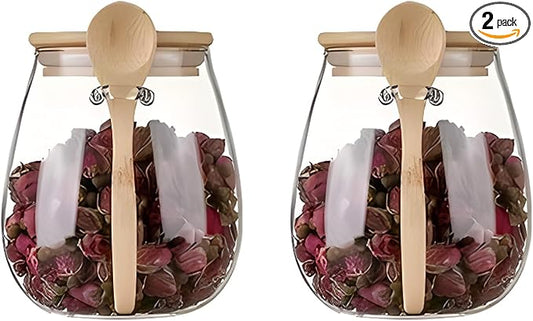 Airtight glass jar storage container with bamboo lid Set of 2, wide mouth, leak-proof, With a spoon, can be used for coffee beans, tea leaves, grains, dried fruits, etc (Middle)