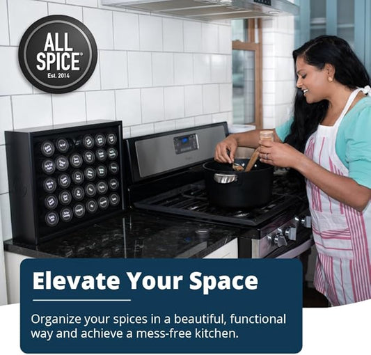 AllSpice Wood Spice Rack, 525 Unique Labels, Countertop or Wall Mount, Includes 30 4oz Jars- Matte Black