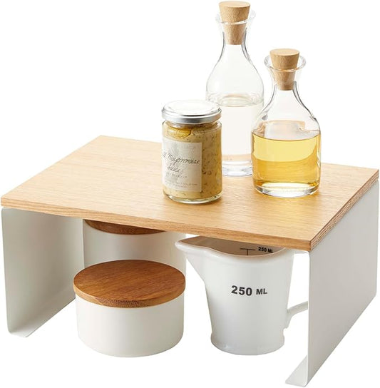 Yamazaki Home Wood-Top Stackable Kitchen Rack - Modern Counter Shelf Organizer Steel + WoodLargeWhite