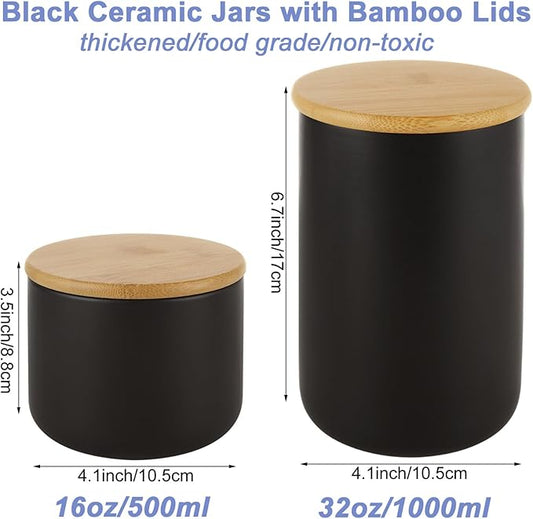 Acrux7 2 Pack Black Ceramic Jars Canisters Set 16oz and 32oz Airtight Coffee Container with Bamboo Sealing Lids, Airtight Kitchen Canisters for Countertop, Coffee, Flour, Sugar, Tea