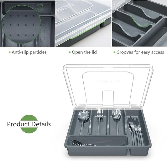 Utensil Holder for Countertop with Lid, Plastic Silverware Tray for Drawer (Gark Gray)
