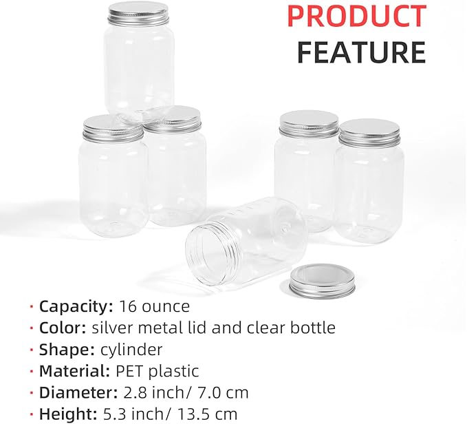 16 Ounce Clear Plastic Mason Jars With Screw On Lid, Reusable Empty Jars for Food Storage, Round BPA Free Containers for Sealing, Dry Food, Snacks, Candies, Breakage-proof, (Silver - 20 Pack)