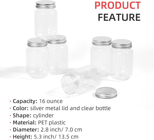 16 Ounce Clear Plastic Mason Jars With Screw On Lid, Reusable Empty Jars for Food Storage, Round BPA Free Containers for Sealing, Dry Food, Snacks, Candies, Breakage-proof, (Silver - 20 Pack)