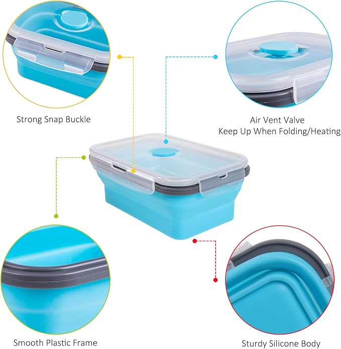 Collapsible Food Storage Containers with Airtight Lid, 27 oz, Kitchen Stacking Silicone Collapsible Meal Prep Container Set for Leftover, Microwave Freezer Dishwasher Safe, 4 Colors, Set of 4