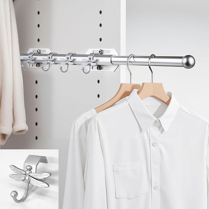 12" Valet Rod for Closet Pull Out with 4 Dragonfly-shaped Hooks, Silver
