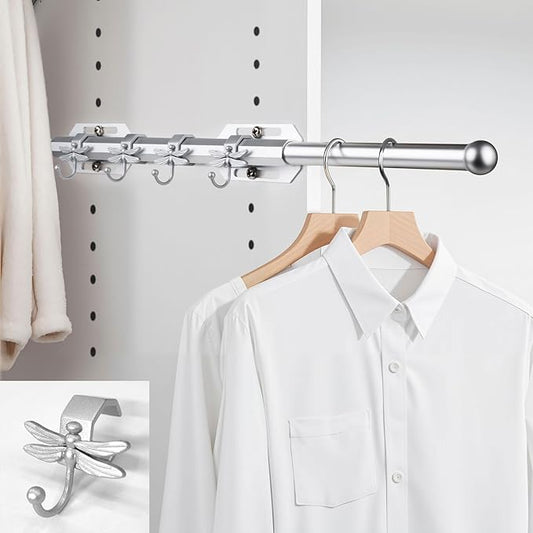 12" Valet Rod for Closet Pull Out with 4 Dragonfly-shaped Hooks, Silver