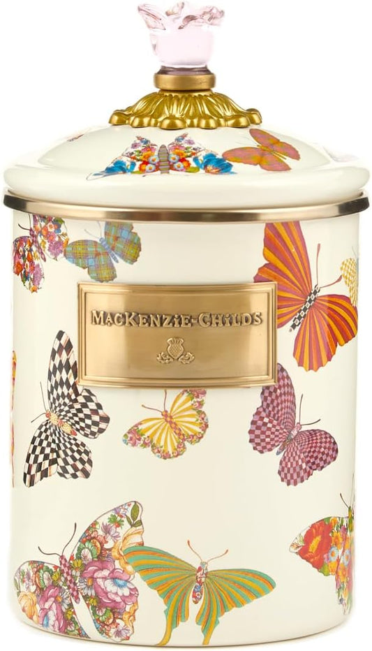 MACKENZIE-CHILDS Butterfly Garden Enamel Canister, Pretty Kitchen Storage Container with Lid, Medium