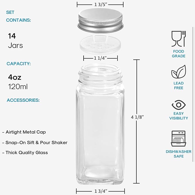 AOZITA 14 Pcs Glass Spice Jars with Spice Labels - 4oz Empty Square Spice Bottles - Shaker Lids and Airtight Metal Caps - Chalk Marker and Silicone Collapsible Funnel Included