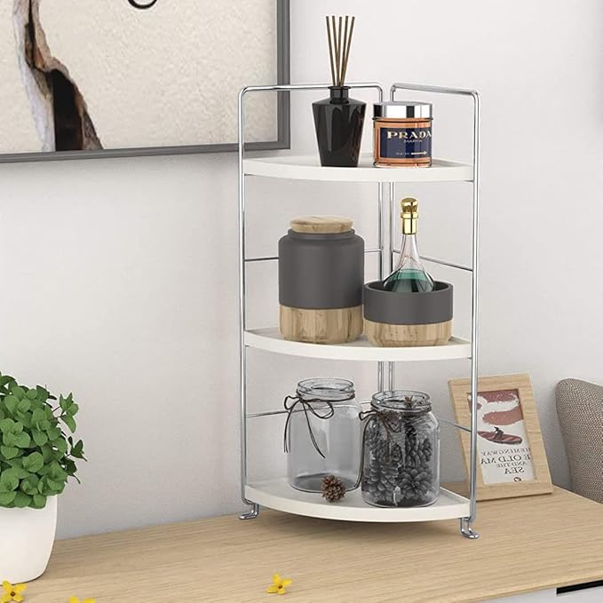3-Tier Bathroom Countertop Organizer - Vanity Tray Cosmetic & Makeup Storage- Kitchen Spice Rack Standing Shelf - Corner Storage Shelf, Silver