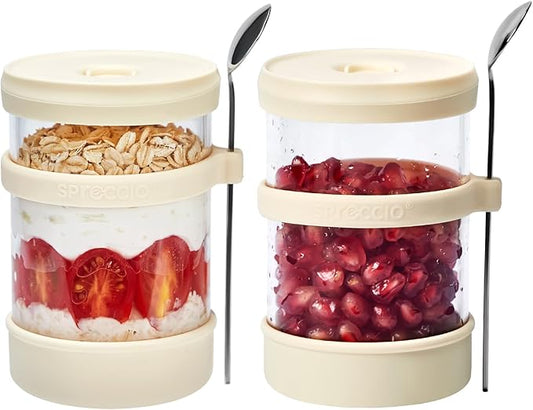 Glass Overnight Oats Containers with Lids of Silicone and Spoon 16 oz [2 Pack], Airtight Overnight Oats Jars with Silicone Lid, For Yogurt Containers Chia Pudding Jars Snack Spice (Yellow)