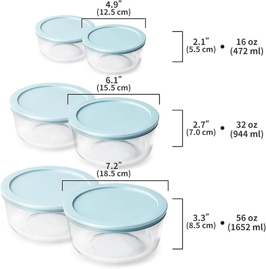 Luvan Glass Storage Containers with Lids, Set of 6 Round Glass Food Storage Containers (2cup/4cup/7cup) for Kichen and Storage, Dishwasher, Refrigerator and Microwave Oven Safe