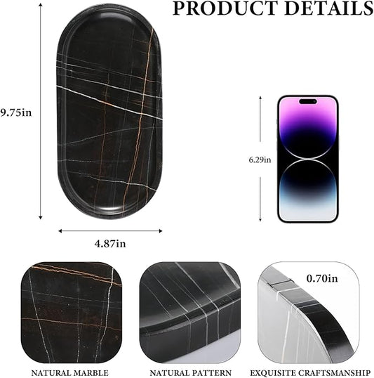 Koville Black Marble Vanity Tray for Bathroom Countertop, 10"x5" Natural Marble Catchall Tray Perfume Trays for Dresser, Stone Jewelry Dish Candle Holder for Home Decor, Stone Oval Trays