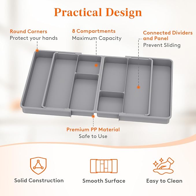 Lifewit Large Utensil Organizer for Kitchen Drawer, Expandable From 21 to 36 Inches, Adjustable Cooking Silverware Tray, Plastic Cutlery Flatware Holder, Spatula Tools Gadgets Storage Divider, Gray