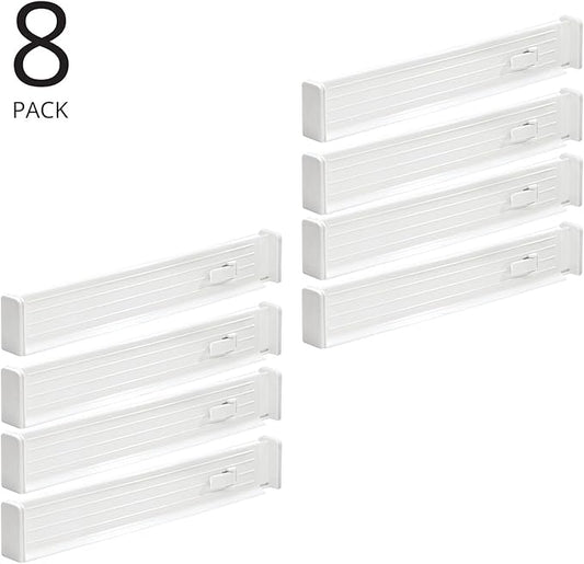mDesign Expandable Kitchen Drawer Divider with Foam Ends, Adjustable Drawer Dividers with Strong Secure Hold, Dividers Lock in Place to Organize Drawers - Ligne Collection - 8 Pack - White