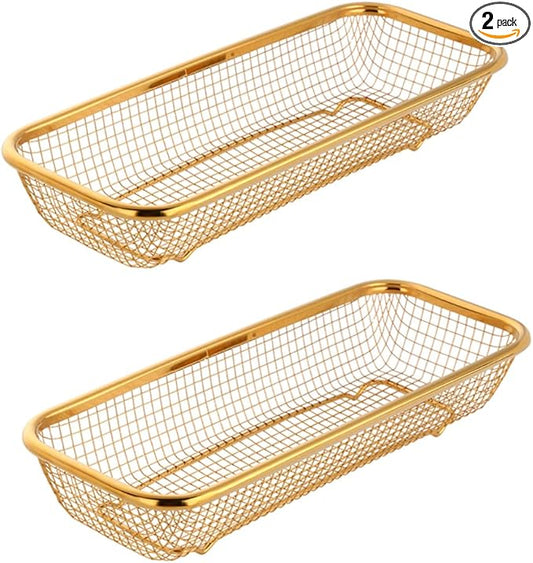 Kitchen Drawer Organizer, BuyGo Stainless Steel Storage Container Gold Metal Cabinet Storage Basket for Holding Silverware Kitchen Utensil, Pack of 2