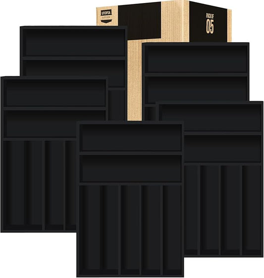 Utopia Kitchen Silverware Organizer, Bamboo Utensil Drawer Organizer for Cutlery, Utensils & Flatware (7 Compartment, Black) Pack of 5