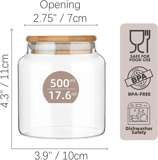 17.6 fl oz Glass Storage Containers With Lids, Candy Jar, Food Storage for Kitchen Counter, Pantry, Decorative Container for Coffee, Sugar, Tea, Cute Glass Jar (Bamboo 17.6 FL OZ)