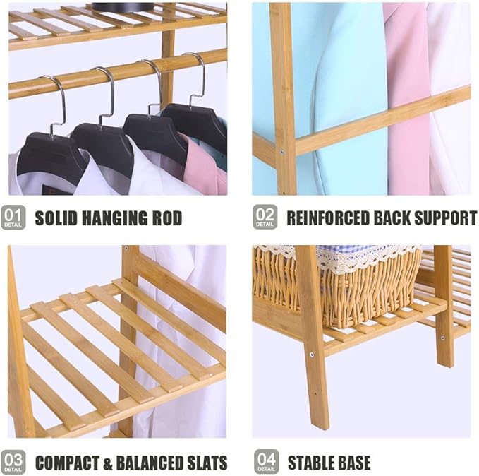 Ufine Bamboo Garment Rack 7-Tier Storage Shelves Clothes Hanging Rack, Heavy Duty Clothing Rack Minimalism Wardrobe Closet Organizer for Indoor