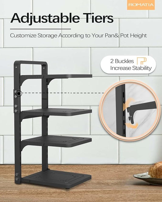 Pot and Pan Organizer Rack for under Cabinet, Heavy Duty Pot Pan Rack under Sink Organizers and Storage, Pot lid organizer, Kitchen Cabinet Organizer with 4 Adjustable Shelves