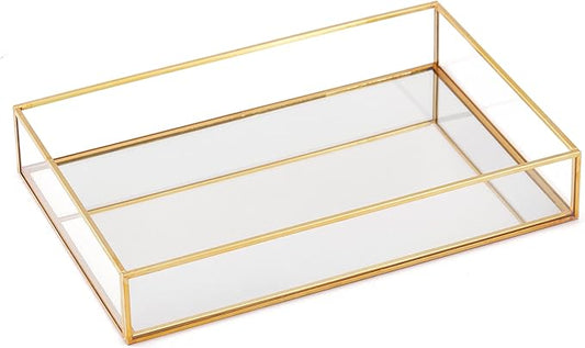 Gold Mirror Decorative Tray Jewelry Perfume Organizer Vanity Tray, Dresser Decorative Tray, Bathroom Bedroom Cosmetics Storage, 11.8"x7.9"x2"