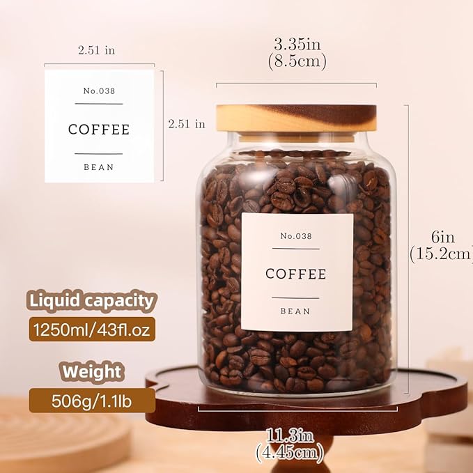 High Borosilicate Glass Jar with Airtight Acacia Lid and 132 Kitchen Panty Labels Preprinted - 43 Fl Oz Thicken Glass Food Storage Container Canister for Coffee Bean, Candy, Cookie, Tea, Sugar