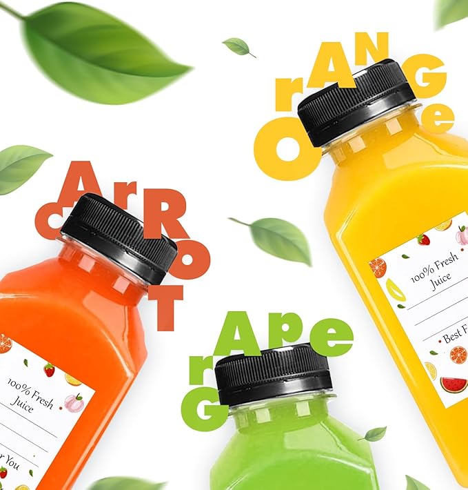 12pcs 8oz Plastic Juice Bottles, Reusable Juice Containers with Black Tamper Proof Lids, Brush, Funnel and Labels, Clear Juice Bottles for Juicing, Smoothie and Homemade Beverages