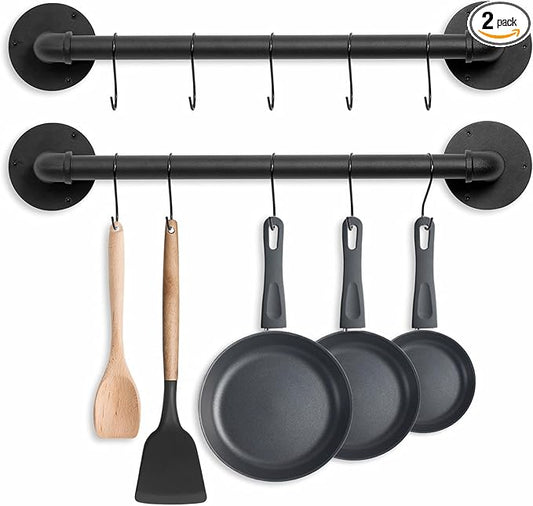 Pot Pan Rack Wall Mounted Set of 2, 21" Industrial Pipe Utensils Hanger Holder Pots Storage Organizer Iron Detachable Hanging Rail for Kitchen with 10 S Hooks…