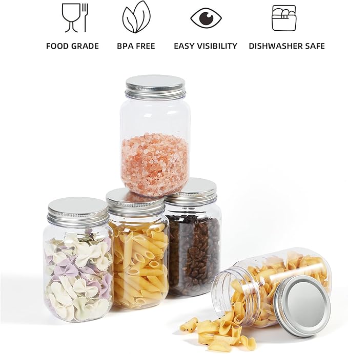 16 Ounce Clear Plastic Mason Jars With Screw On Lid, Reusable Empty Jars for Food Storage, Round BPA Free Containers for Sealing, Dry Food, Snacks, Candies, Breakage-proof, (Silver - 20 Pack)