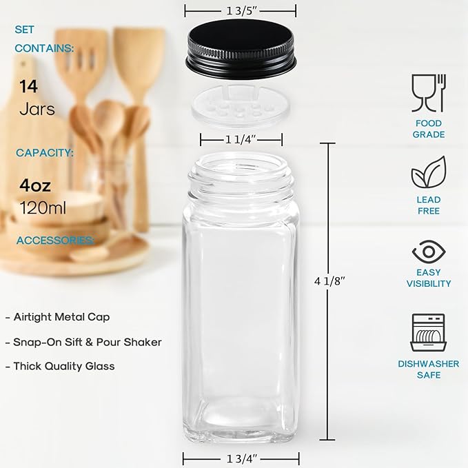 AOZITA 14 Pcs Glass Spice Jars with Black lids - 4oz Empty Square Spice Bottles and Spice Labels - Black Shaker Lids and Airtight Metal Caps - Silicone Collapsible Funnel Included