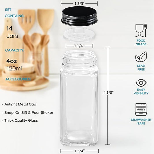 AOZITA 14 Pcs Glass Spice Jars with Black lids - 4oz Empty Square Spice Bottles and Spice Labels - Black Shaker Lids and Airtight Metal Caps - Silicone Collapsible Funnel Included