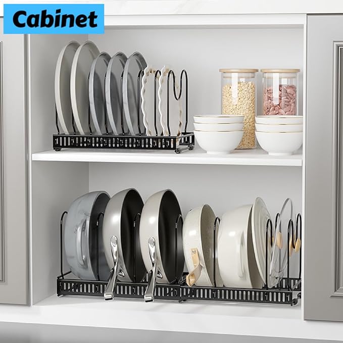 Pot and Pan organizer:Dipped Pan Organizer Rack for Kitchen Cabinet Organizers and Storage with 12 Adjustable Dividers and Anti-scratch Strip,Expandable Pans and Pots Lid Organizer Rack for Cabinet