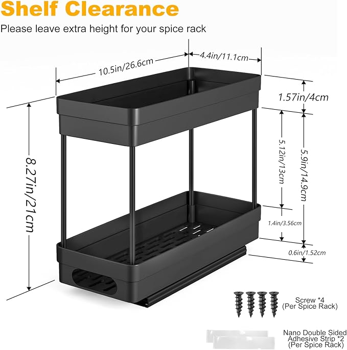 Pull Out Spice Rack Organizer for Cabinet, 2-Tier Slide Out Spice Racks Organizer,Easy Installation Cabinet Organizer Seasoning Kitchen Organizer,4.4''Wx10.5''Dx8.26''H,2Pack